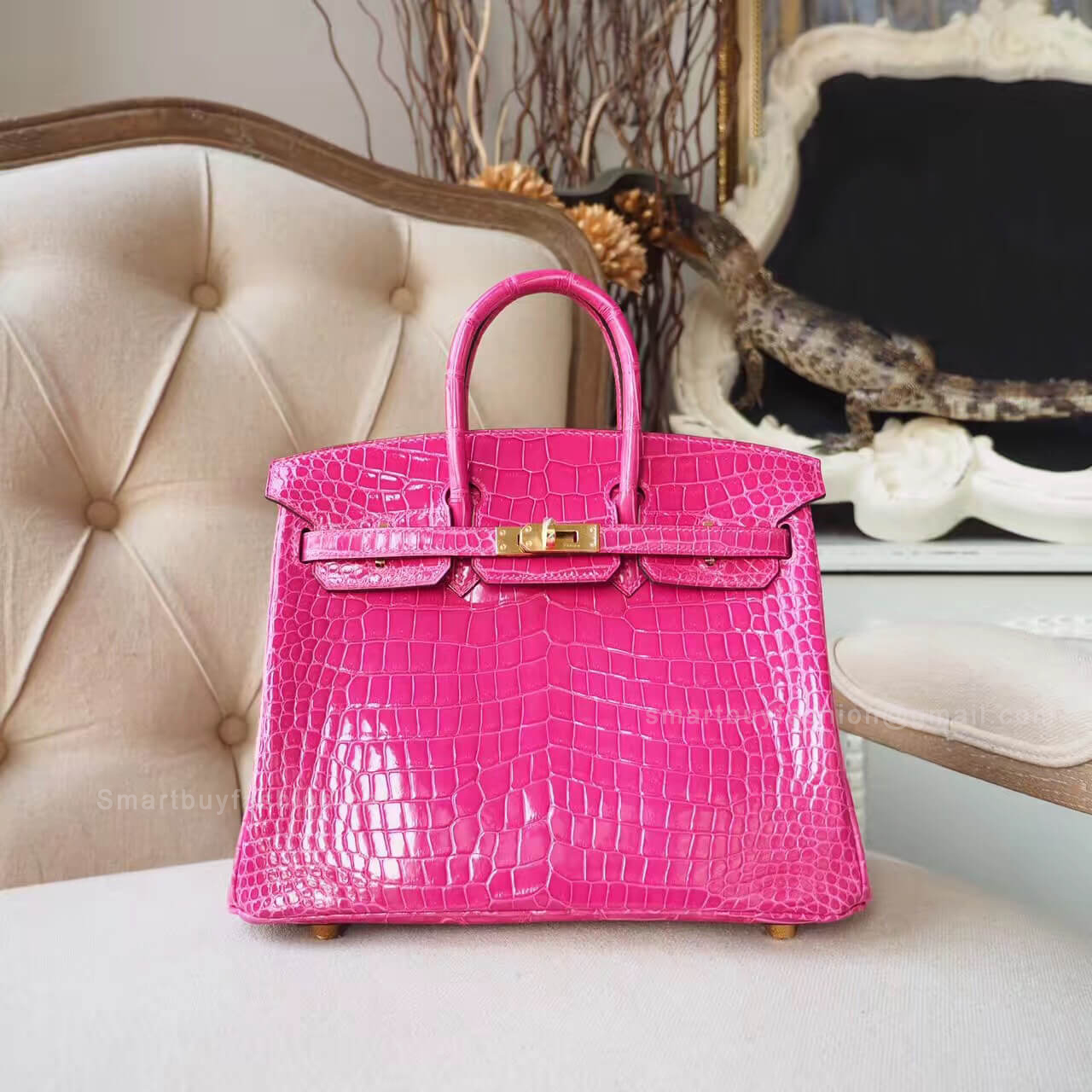 Hermes Birkin 25 Bag in 5j Fuschia Pink Shiny Porosus Croc GHW